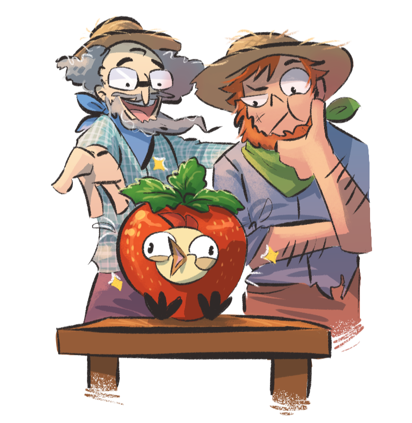 A farmer trying to convince another that a chicken is actually a strawberry