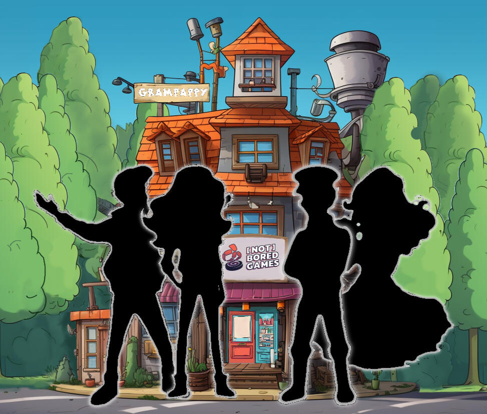 The [Not] Bored Games team in front of Grampappy's Shack